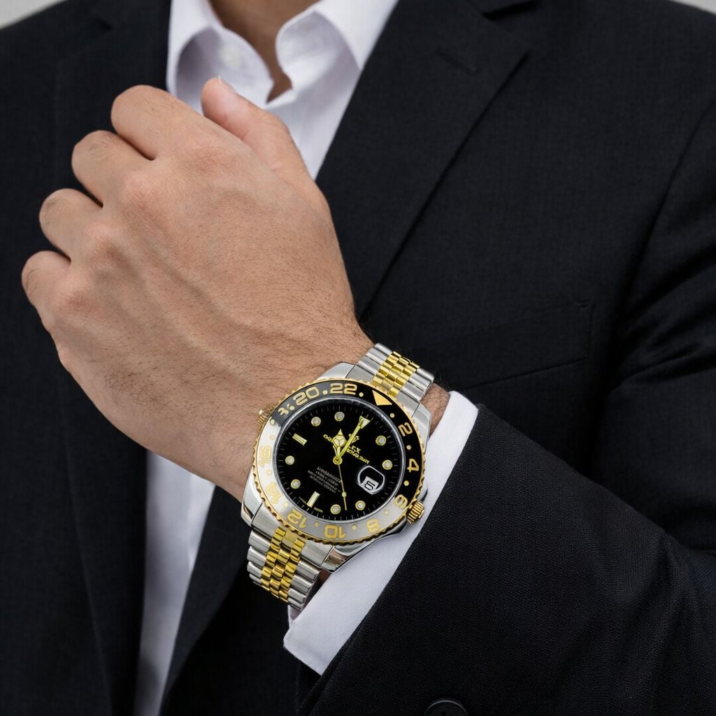 Luxury Two-Tone Men’s Stainless Steel Watch – Black Dial & Gold Finish